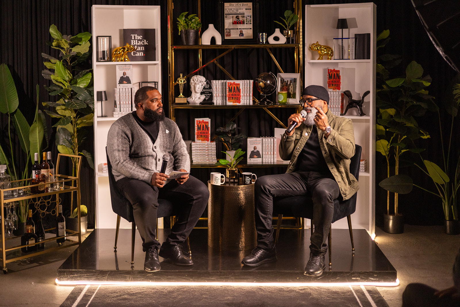 A fireside conversation on stage in the South Bronx.