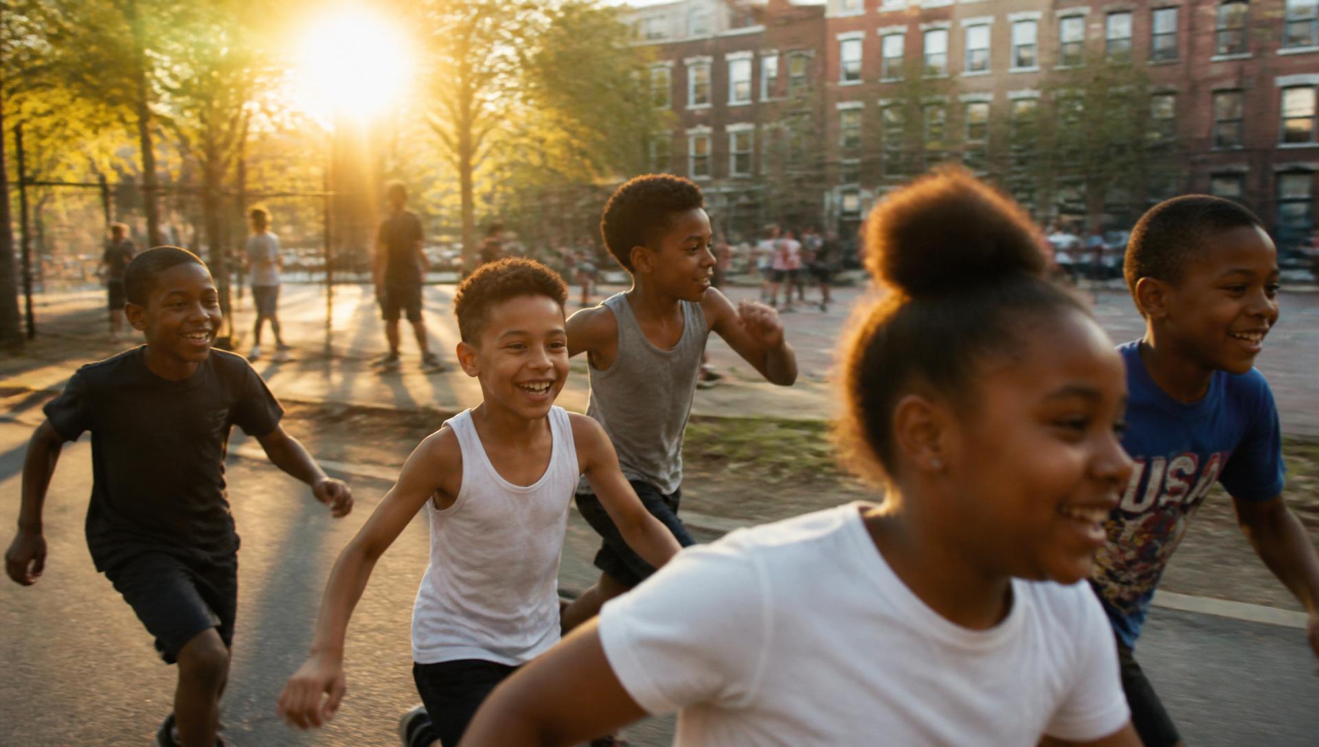 Children running through a South Bronx park at golden hour.
